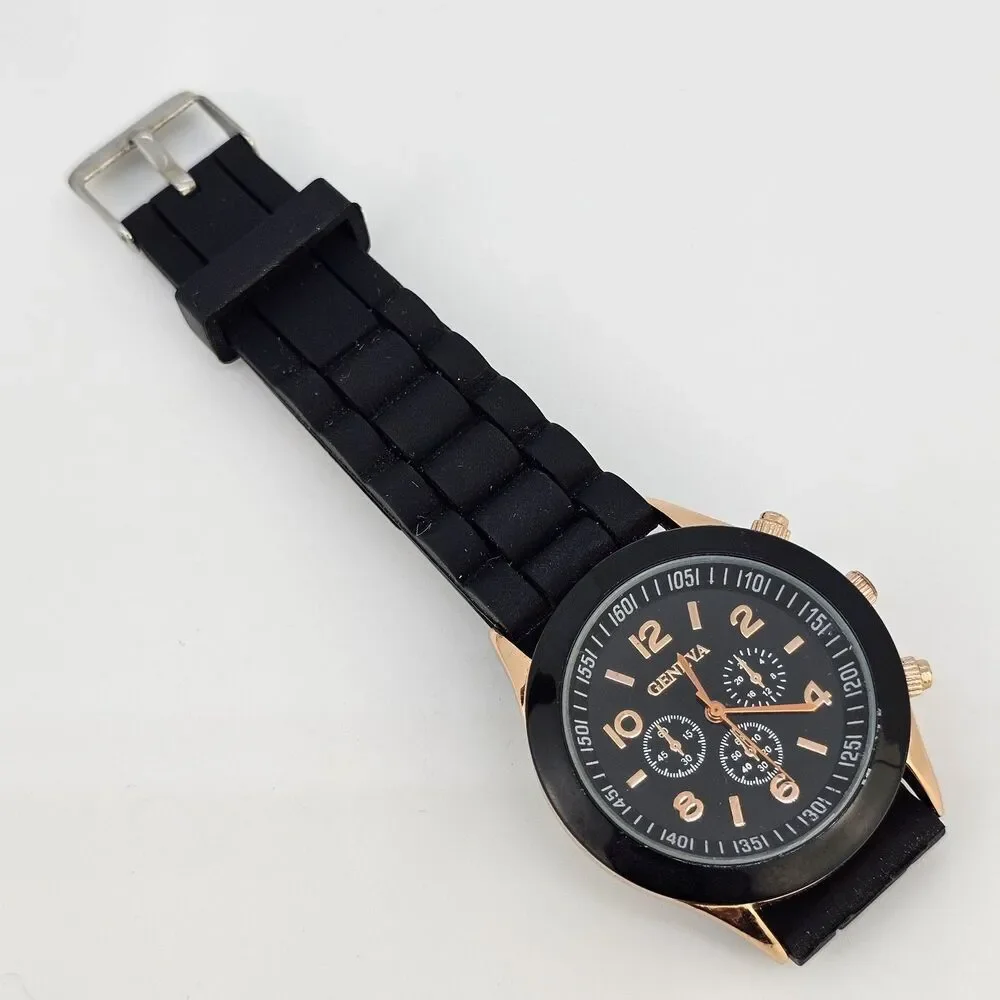 38MM Women's Watch Analog 38MM Black Dial Gold Case Black Plastic Bands New Batt